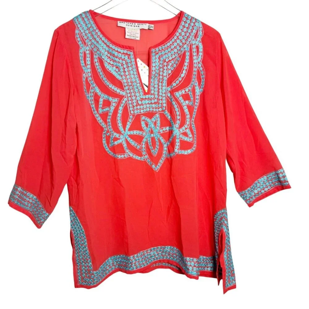 Gretchen Scott Designs Women’s Size XL Tunic Top coral Embroidered Boho blous - Picture 2 of 10